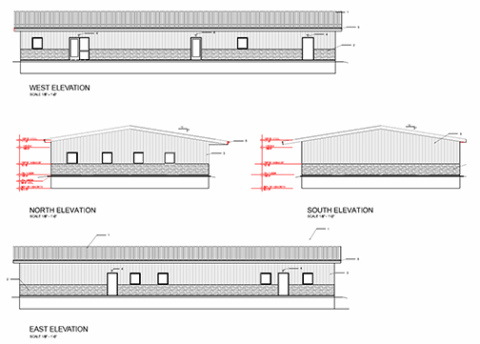 In keeping with its UNL Extension function, the exterior of the new Extension office building will be “Husker Red” with a stone wainscoting around the bottom. The roof will be a galvanized steel color. 