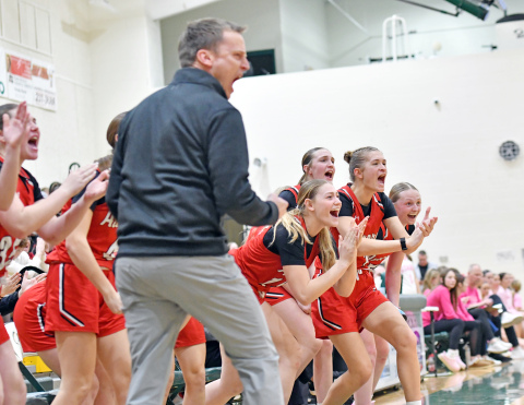 The Aurora girls bench celebrates after a made three during its 52-35 win at Kearney Catholic Thursday.