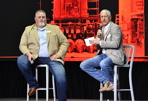 Aurora Cooperative CEO Chris Decker, left, and board chairman Paul McHargue gave a brief “Stte of the Co-op” presentation during last week’s annual meeting in Grand Island.