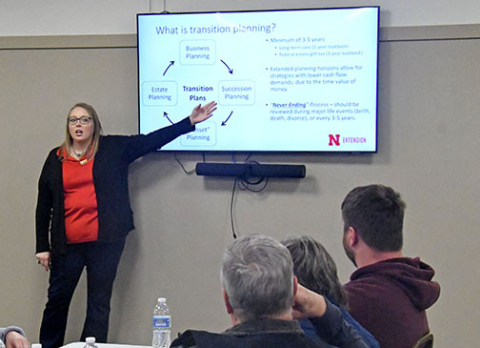 Regional Extension Economist Anastasia Meyer tells an audience in Aurora last week that planning for passing along a farm to the next generation should include discussions about business, estate planning and the farm owner’s sunset years. 