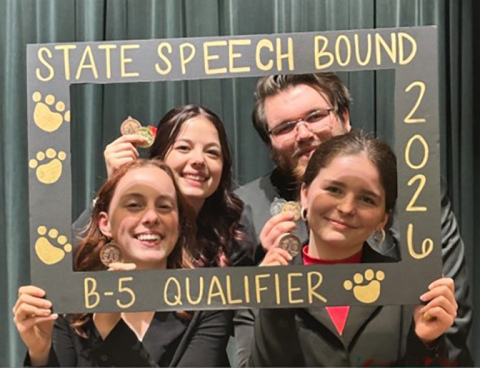 Aurora speech team members who qualified for this week’s state meet in Kearney include, from left: Hannah Vermillion, Chloe Fawver, Scott Bennett and Julia Messere. Not pictured is Shawn Morris. These students qualified in a total of seven events.
