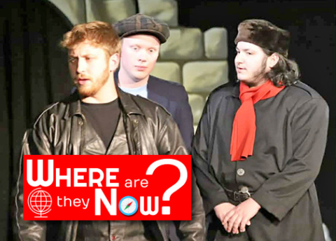 Former Aurora resident Ethan Mowery (right) has published three plays within the past two years ranging from 10-minute play to one-acts. While building himself as a playwright Mowery has participated in numerous plays and events at Newman University, one of them being the 14th annual 24-hour theatre in January where played Dimitri in “Gladiators of Zenova.” On stage with Mowery were, from left: Corbin Molina, who played Hamlet, and Steve Brown, who played Horiato.