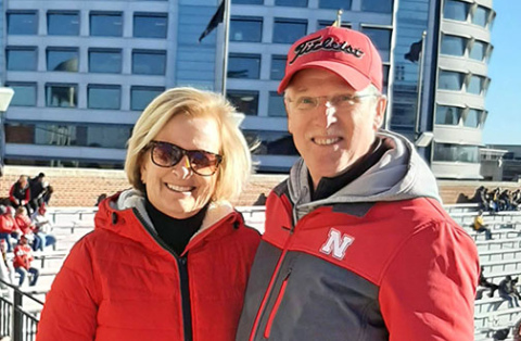 Mike and Teri Goertzen have made it their goal to visit every stadium in the Big Ten Conference. They are pictured here attending a game at the University of Iowa. 