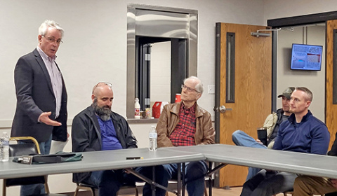 Dist. 34 Sen. Loren Lippincott speaks to local residents Friday morning at the Bremer Center. About 25 people turned out to hear the senator speak on this year’s legislative session and participate in a Q&A session.