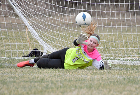 Aurora keeper Tainee Merrihew made a ton of saves in a 4-0 loss to Lakeview Thursday, but none more impressive than this diving save on a potential Viking penalty kick that kept the score 2-0.