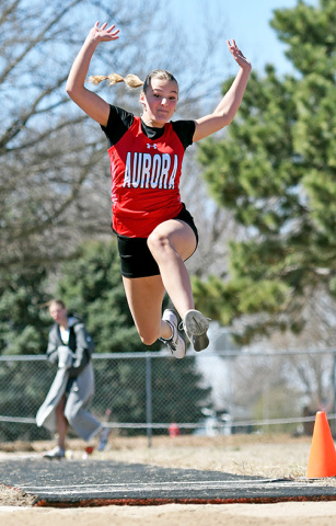 Aurora’s Stella Peterson, shown here jumping during the Aurora Invite March 27, won the triple jump at Monday’s Norris Invite while taking fourth in the long jump.  
