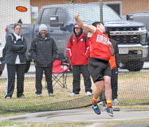 Aurora's Derek Russell won the discus throw at 187-4 at Tuesday's Central Conference meet in Lexington.