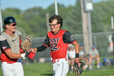 Aurora pitcher Lukas Fry was all smiles and a bit relieved coming off the mound early against Gering Thursday after snagging a hit right back up the middle that nearly got him in the face. 