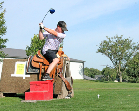 One of the holes golfers can expect at Saturday’s Hunter “HD” Hogan Foundation event is No. 6, where they will need to mount a saddle before taking their first swing.
