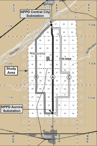 This map shows the three routes being considered for a proposed transmission line between Aurora and Central City.