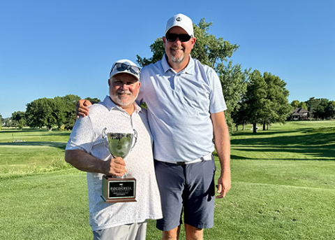 Phil Fendt, left, and Lucas Wood won top honors as championship bracket winners at this year’s Member/Guest Tournament at Poco Creek Golf Course.