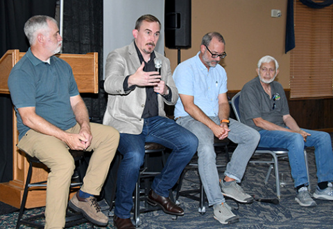 The Grain Place Foundation hosted its annual Field Day Saturday, which included three keynote speakers, all of whom participated in a panel discussion at the end. Pictured from left are: Chris Helzer with the Nature Conservancy, Dr. Jesse Bell, KSU sociology professor Matthew Sanderson and Grain Place Farms founder Dave Vetter.