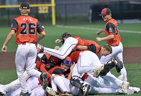 The Aurora Cooperative Juniors team celebrates after defeating York 8-6 to win the Class B Area 4 championship at Levitt Stadium last week. 