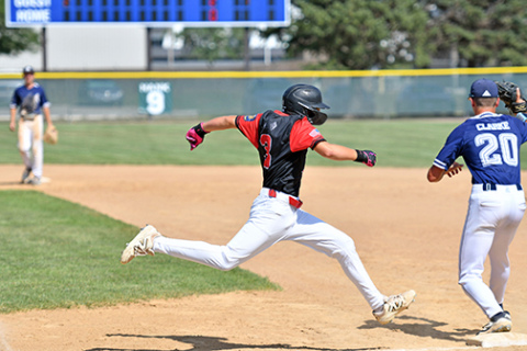 Landen Hansen tries to leg out a hard hit ball through the infield during Aurora’s 11-2 loss to Alliance at the Class B state tournament in Wayne July 20. 
