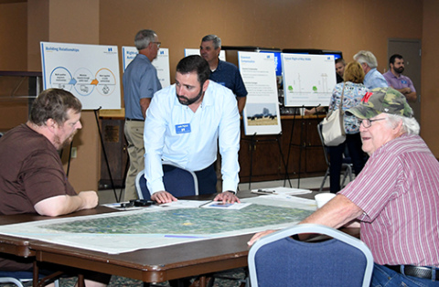 NPPD officials reviewed maps and gathered feedback Thursday in Aurora regarding a proposed transmission line project between Central City and Aurora.