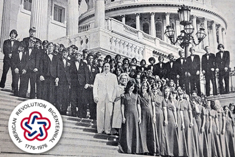 Members of the Aurora High School Band pose on the steps of the U.S. Capitol Building during their whirlwind trip to Washington D.C. and Philadelphia, Pa. where they performed several concerts for Bicentennial observances.  This photo appeared in a July issue of the News-Register in 1976. 