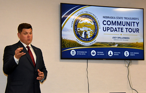 Nebraska State Treasurer Joey Spellerberg explained the role of his office during a Chamber luncheon June 29 at the Bremer Center.