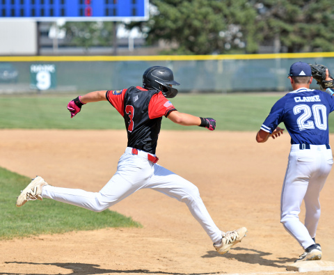 Landen Hansen hustles out a grounder during Aurora's 11-2 loss to Alliance Monday at the Class B American Legion state tournament in Wayne. 