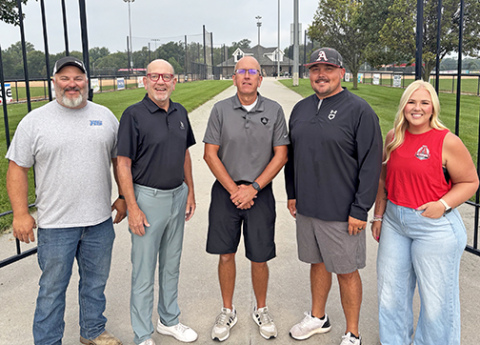 Pictured from left are Robbie Roberts, Sam Moyer, Doug Kittle, Jordan Stithem and Sami Vincent. The group gathered at the Aurorans 4 Diamond Sports complex Thursday to recognize a changing of the guard in volunteer management.