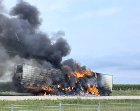 It took over two hours for area firefighters to extinguish this fire which destroyed a trailer loaded with eggs along I-80 Sunday afternoon. The photo was taken by a motorist passing by in the eastbound lane and posted to social media. 
