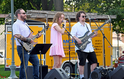 The 2026 season of Bands on the Bricks concluded Friday night with a performance by Maddog and the Bone Fetchers. Pictured from left: Carlos Vargas, Maddy “Maddog” Baker and Taygun Rothchild.