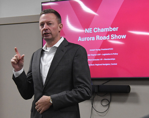 Joseph Young, CEO of the Nebraska Chamber of Commerce & Industry, shared goals and priorities of the organization Thursday in a presentation at the Bremer Center which drew approximately 50 people. 