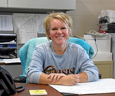 Hamilton County Planning and Zoning Director Hillary Betka now greets visitors to the county highway department office. Her office was recently moved out of the county courthouse to the office on B Street, where she also provides part-time administrative help to the highway department. 