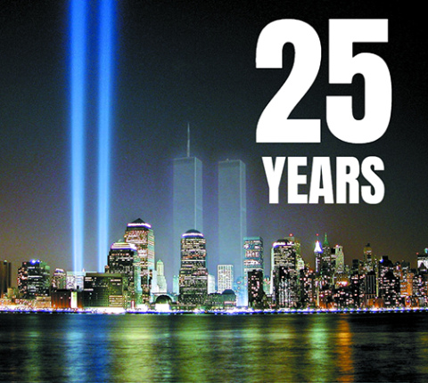 This photo, orginally run in the Sept. 11, 2002, edition of the Aurora News-Register, depicts twin beams of light shown over New York City in 2002, serving as a glowing reminder of the Twin Towers that once highlighted the Manhattan skyline. This week marks the 25th anniversary of the 911 attack.