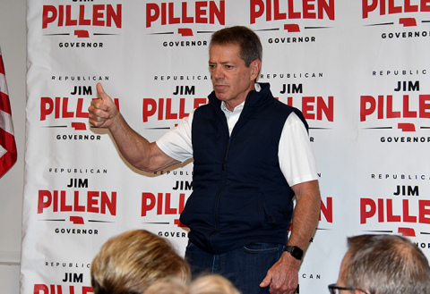 Republican incumbent Gov. Jim Pillen invited local supporters to consider becoming “a blackshirt” during his campaign stop in Aurora last week, which would involve encouraging 11 people to get out and vote in the Nov. 3 General Election.