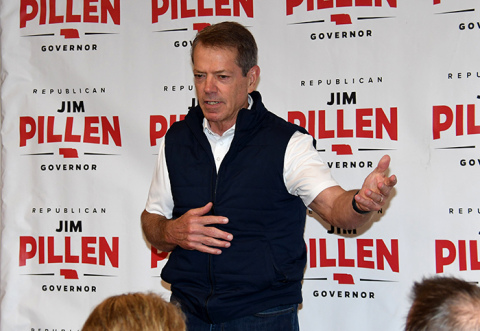 Republican incumbent Gov. Jim Pillen invited local supporters to consider becoming “a blackshirt” during his campaign stop in Aurora last week, which would involve encouraging 11 people to get out and vote in the Nov. 3 General Election.