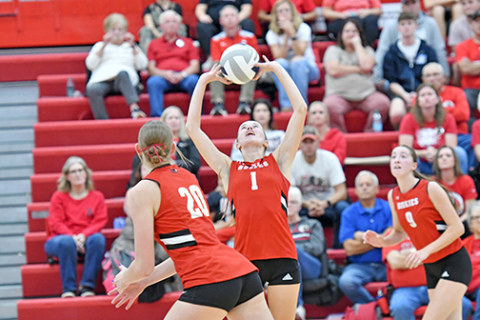 Aurora junior Hailey Hoff (1) hit a career milestone last week, collecting her 2,000th career set assist during the Huskies’ rivalry matchup with Grand Island Northwest in front of a home crowd. 