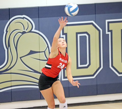 Baya Chamness puts up a serve during Aurora’s dramatic five-set victory at York Thursday. 