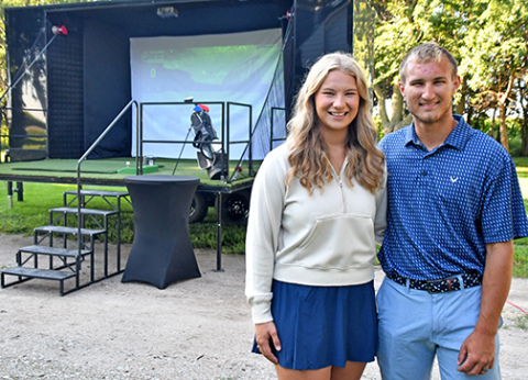 Grayce (Gustafson) and Connor Smith have started their latest business, Cross Swing Golf, offering a mobile golf simulator that can be brought in for after-school dances, corporate events, weddings and more.