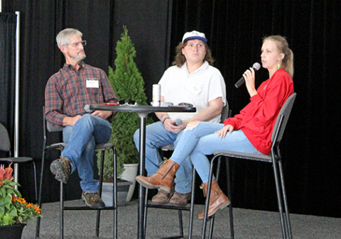 Representatives of the Nebraska Department of Water, Energy and Environment present a program on the department’s new ONE RED program at the recent Husker Harvest Days farm expo. From left are Doug Barry, Sam Fleagle and Alexa Davis. 