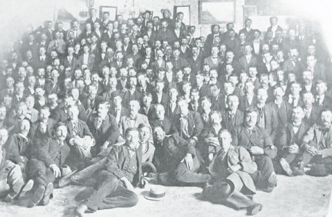 The charter organization of Douglas Castle No.1, in Aurora. This flash-light picture was taken after the official organization of the Royal Highlanders on Aug. 11, 1896. Photo courtesy of the Plainsman Museum