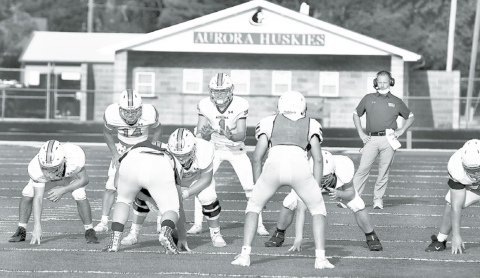 Aurora coach Kyle Peterson was on the field for part of Friday’s soap scrimmage, getting one final look at his team to help determine starting lineups for Friday’s season opener against North Platte. News-Register/Kurt Johnson