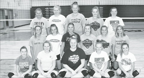 Members of the 2020 Hampton volleyball team include front row, from left: Rorie Loveland, Makenna Clinch, Emma Hansen, Abbey Arndt, Lexie Wolinski. Middle row: Nevaeh Lukassen, Kylie Mersch, Zaya Stuart, Kaylei Joseph, Shae Kingery, Maci Bullis. Back row: Lillian Dose, Brooke Lubke, Jenna Hansen, Shayna Klute, Dani Dowling. News-Register/Kurt Johnson