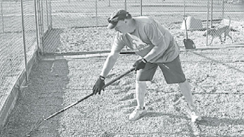Carlin Engert helps to redistribute the gravel in the outside dog pins under the watchful eye of one of the canine residents. News-Register/Jeni Moellenberndt