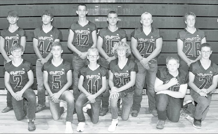 Members of the 2020 Hampton football team include front from left: Justin Ghrya, Drake Schafer, Eli Arndt, Brayden Dose, Cason Lavender, Edward VanLandingham. Back row: Tyrone Capek, Andrew Adams, Landon Parsley, Tyson Wolinski, Evan Pankoke, Korbin Stump. Not pictured: Michael McFarlane and Austen Adams. News-Register/Kurt Johnson