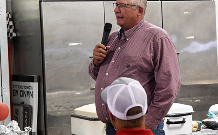 Sen. Curt Friesen speaks with members of the Hamilton County Corn Growers Association during their 2020 Plot Tour. News-Register/Jeni Moellenberndt