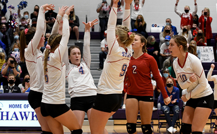High Plains celebrates a point during a four-set loss to BDS in the D1-2 district final Saturday.