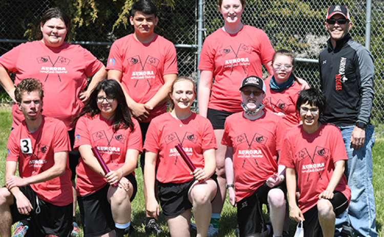 Pictured is the 2021 Aurora Unified Track and Field team, including front row from left: Sammie Weddle, Sammi Hoos, Bailey Howland, Ethan Wert, Lexie Johnson. Back row: Mackenzie Hoos, Daniel Fourcloud, Sofia Hendrickson, Kate Glinn, coach Jeff Sutter.