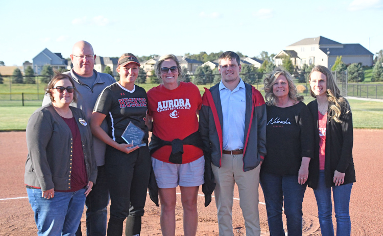 Pictured at the presentation of “The Henderson Scholarship” are, from left: Kelsey, Gerad and Rylee Olsen, Ashton Voss, Brock Henderson, Lora Henderson and Shea Willems.