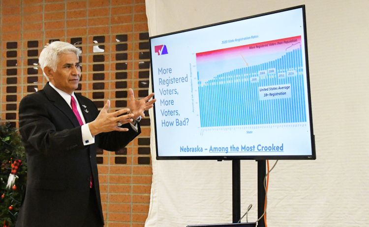 Larry Ortega, a co-founder of the Nebraska Voter Accuracy Project, presented a number of data analysis reports Saturday in Aurora which he believes proves that the 2020 Nebraska election was fraudulent.