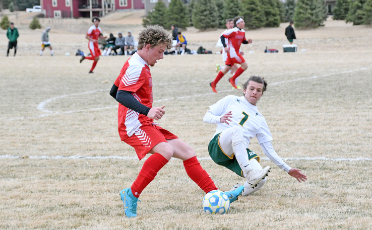 Britton Kemling scored Aurora’s only goal in the Huskies’ 6-1 loss to Kearney Catholic at home April 5.