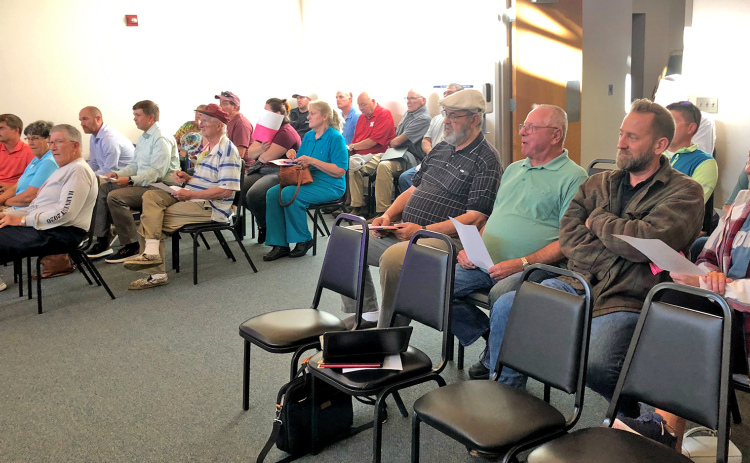 A crowd of approximately 30 people attended a joint public hearing Monday to address proposed tax increases at the city of Aurora, as well as Aurora and Hampton public schools.