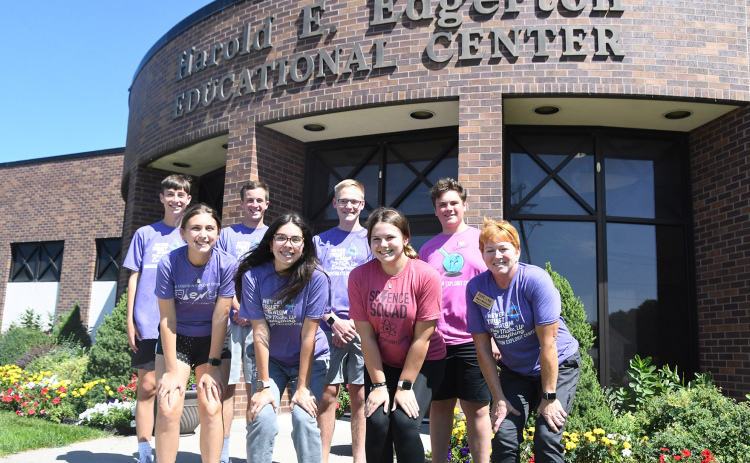 The group behind instruction and help with the 2022 Edgerton Explorit Center summer camps included, front from left: Sarah Springer, Lilli Champion, Torri Danhauer, Mary Molliconi.  Back row: Jake Cattau, Lucas Riley, Derek Wilson, Sam Elge.