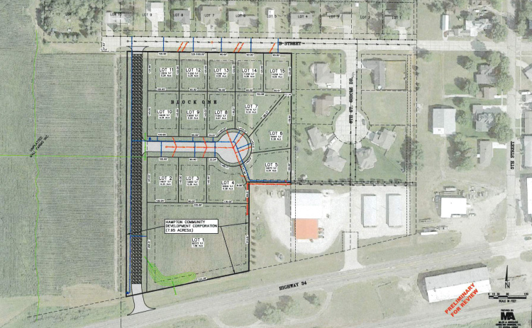 A preliminary plat map of a 7.95-acre development along Hampton’s west edge was revealed Monday, showing 14 housing lots and either one or two commercial lots along Highway 34.