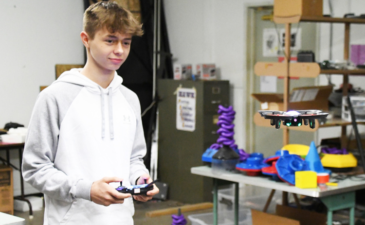 Grant Ferguson pilots a drone at Hampton Public School. Besides the competitions, science teacher Gary Richards said that he was excited to see how students applied drone programming skills toward future careers.