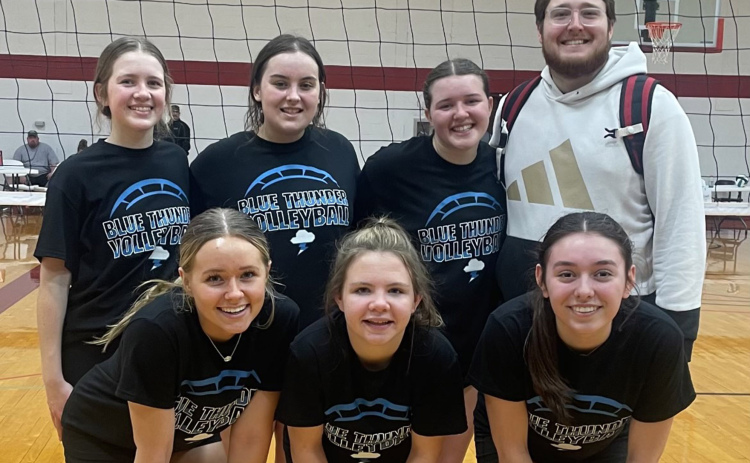 Blue Thunder players pictured front from left: Kinley Kaczor, Karly Eastman and Allyse Evans. Back row: Lily Elsbury, Kailyn Wilson,  Bailee Larson and 15 and 17 team coach Braeden Mlinar. The teams are divided into ages groups for 11 and under, two 13-year-old groups, a 15-year-old group and 17-year-old group.